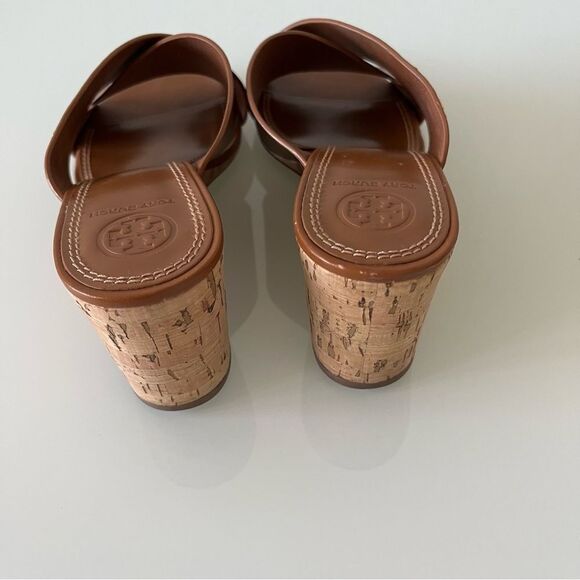 Tory Burch Crossover Sandal Wedge Slide Tan Leather Cork Heel Comfy Size 7 - Picture 4 of 6